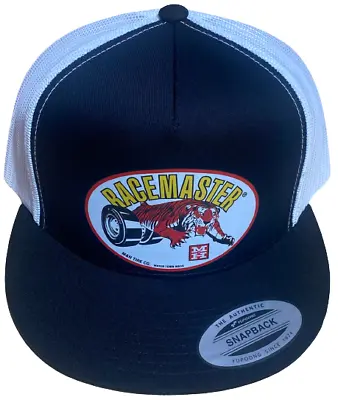 M&H Racemaster Tire Flat Brim Trucker Hat Black/White Drag Racing Hot Rod • $24.95