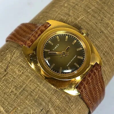 Vintage Timex Gold Tone Mechanical Wind Up Brown Leather Band Watch • $32.90