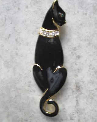 Trifari Vintage Enamel With Clear Rhinestone Collar BLACK CAT Brooch PIN • $14.95