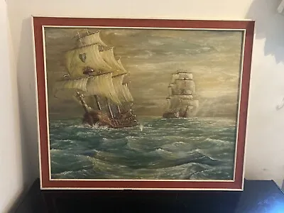 £49.99 • Buy Vintage Oil Painting On Board, ELIZABETHAN  SHIPS ,SIGNED ,  83X68CM,  Sea Scene