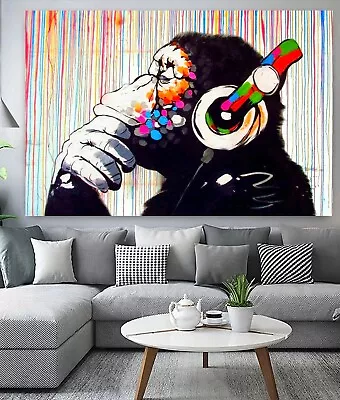 Banksy DJ Monkey Headphones Rainbow Printed Framed Canvas Wall Art Or Poster  • £12.74