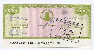 Zimbabwe Dollar Travellers Cheque $20 000 Check 2003 P18 Rare Travelers Check • $8.70