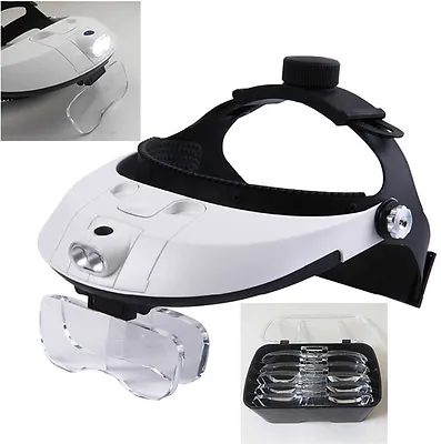 Headband Head-Mounted Magnifying Glass Loupe 2 LED Lamp Light Jeweler Magnifier • $32.30