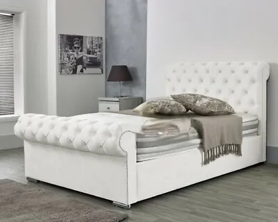 £314.16 • Buy White Plush Velvet Scroll Chesterfield Sleigh Bed Frame All Sizes 