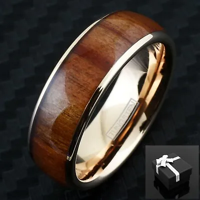 8mm Rose Gold Plated Tungsten Brown Wood Grain Stripe Men's Wedding Band Ring • £14.47