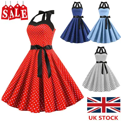 UK Women Polka Dot 50s60s Rockabilly Halter Cocktail Party Swing Housewife Dress • £7.58