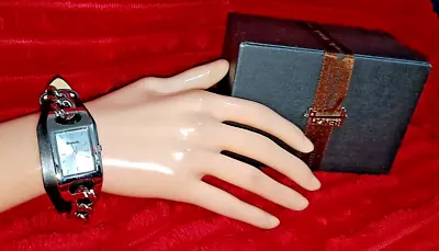 BENCH Ladies Black Genuine Leather Strap Chain Detail Watch Original Box WORKING • £15