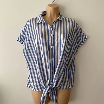 Matalan Blouse Blue & White Striped Summer Cotton Casual Button Ladies Size 12 • £4.99