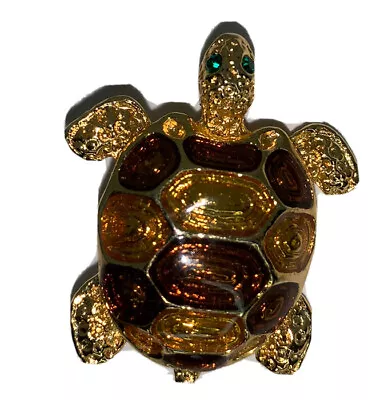 Vintage Gold Tone Anne Klien Enamel  Green Rhinestone Turtle Tortoise Brooch • $10.50