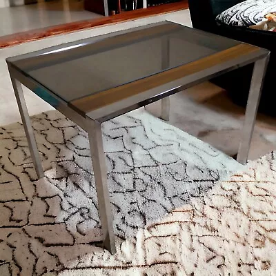 Mid Century Modern Milo Baughman Style Chrome/Wood Base Smoked Glass Side Table • $300