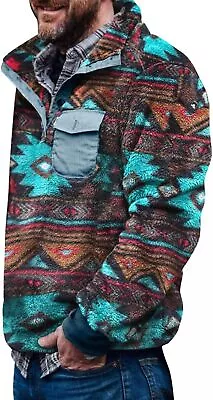 Mens Aztec Fleece Jackets Fuzzy Sherpa Sweatshirts Button Down Pullover Coats We • $45.90