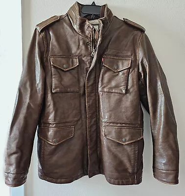 Mens Brown Leather Jacket Levis Sherpa 4 Pocket Field Jacket Military Vegan Faux • $45