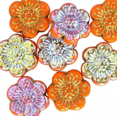 14mm Czech Glass Flowers Beads 8 AB Gold Inlay Flat Coins #EvezBeadz • $12.95