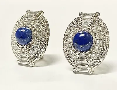 Judith Ripka 2.35cttw Diamonique Lapis Cabochon Button Clip On Earrings W/Pouch • $115.99