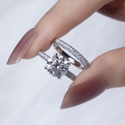 £137.57 • Buy 3.5CT Round Cut Moissanite Matching Wedding Band Ring Set 14k White Gold Plated
