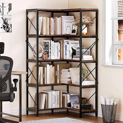 5-Tier Bookshelf L-Shaped Corner Bookcase With Metal Frame Wood Display Shelf • $105.98