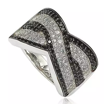 Suzy Levian Sterling Silver Black Cubic Zirconia Micro Pave Crossover 'X' Ring • $99