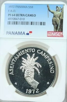 1972 Panama Silver 5 Balboas S5b Fao Ngc Pf 64 Ultra Cameo Scarce Coin • $119.95