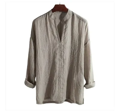 Men’s Khaki Breathable Cheesecloth Yoga Loose Linen Blend Shirt Medium • $34.99