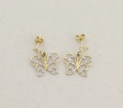 14k Yellow Gold & White Gold Butterfly Earrings Dangle Drop • £180.92