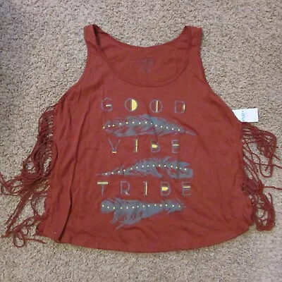NWT Rue21+ Freeze 1X Brown Fringed Sides Tank Top Good Vibe Tribe Feathers • $14.99