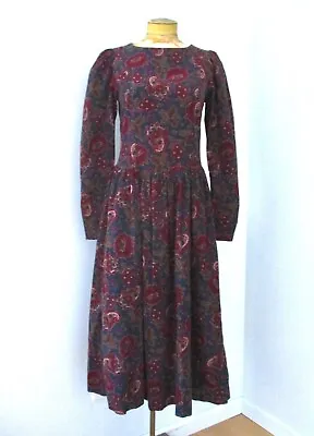 Laura Ashley GB Blue Red Floral Corduroy Cottage Core Tea Dress Pockets US 10 • £120.64