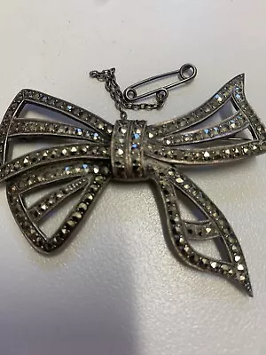Antique/ Vintage Large Bow Marcasite   Brooch With Safety Chain • $40