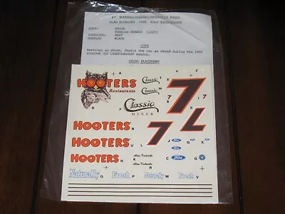 NASCAR 1/24 7 Hooters Alan Kulwicki Ford Thunderbird Waterslide Decals Vintage • $14.99
