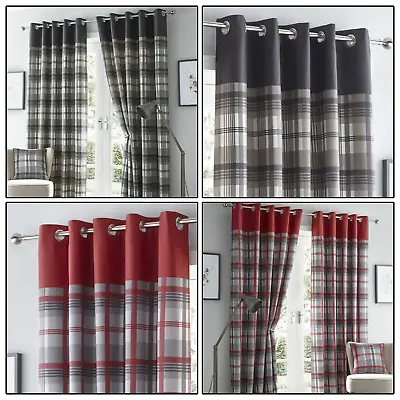 £6.99 • Buy Grey Or Red Eyelet Curtains Tartan Check Plaid Ready Made Lined Ring Top Pairs 