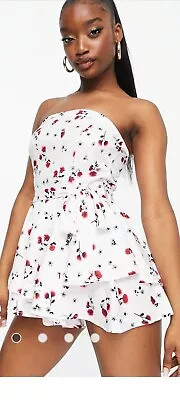 £4.99 • Buy BNWT Asos Parisian Bandeau Frill White Floral Print Playsuit Size 10 Tall