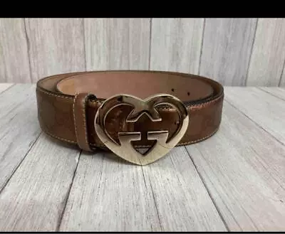 Gucci Interlocking Heart Buckle Gg Leather Belt Brown Size 90-36 • $150