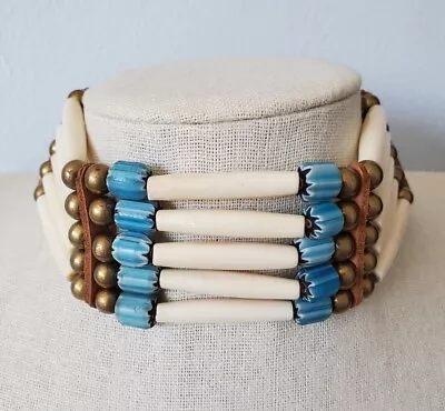 Vintage Native American Bone And Trade Bead Leather Choker Necklace • $10