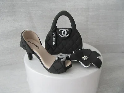 Edible Handmade Shoe Handbag And Flower Fondant Sugar Paste Cake Topper (Black) • £26.99