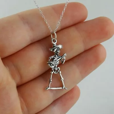 Skeleton Playing Guitar Charm Necklace Sterling Silver Day Of The Dead Halloween • $22