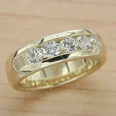 Men's Five-Stone Wedding Band Ring 5 Ct Round Moissanite 14k Yellow Gold Plated • $95.28