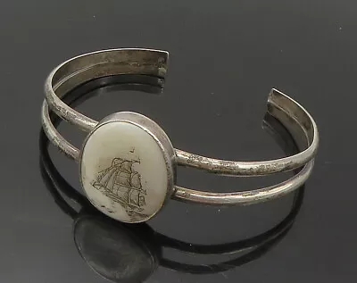 925 Sterling Silver - Vintage Sailing Ship Scrimshaw Cuff Bracelet - BT6798 • $88.95