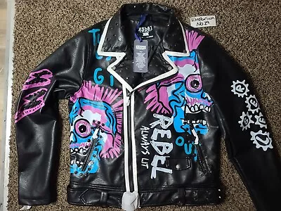 $149.99 • Buy $250 R3BEL Punk Skull Biker Faux Leather Moto Bomber Heavy Jacket Black Sz L
