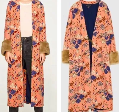 $97.58 • Buy Zara Pink  Floral-kimono Jacket With  Fur Cuffs Excellent Cond Bloggers Fav L-XL