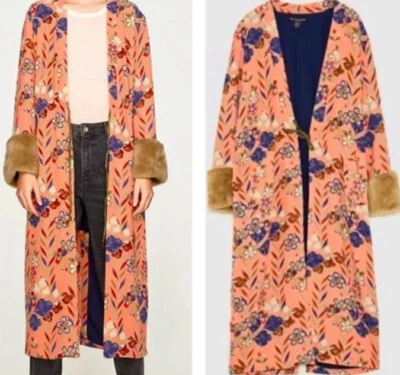 $97.58 • Buy Zara Pink  Floral-kimono Jacket With  Fur Cuffs Excellent Cond Bloggers Fav L-XL