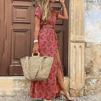 Womens Boho Floral Maxi Dress Summer V Neck Short Sleeve Beach Holiday Sundress • £14.99