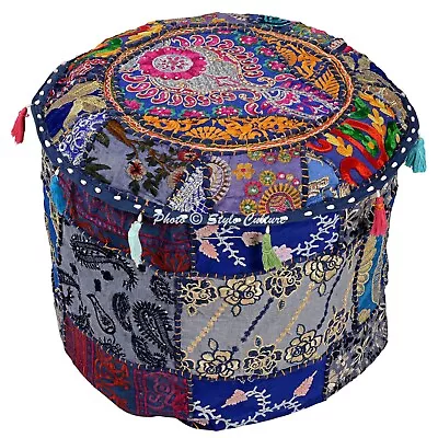 Hippie Gypsy Pouf Ottoman Vintage Patchwork Stool Cover Round Ethnic Decor • $24.90