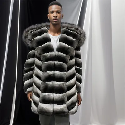 Mens Chinchilla Natural Rex Rabbit Fur Coat Silver Fox Hood Winter Fur Overcoats • $748.94