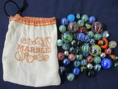 50+ Vintage Marbles Various Sizes Colours Pattern & A Gladstone Pouch/Bag [r] • $18.65