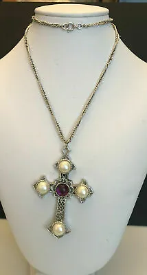 $14.77 • Buy Vintage Large Signed Sarah Coventry Faux Pearl Amethyst Crusader Cross Necklace