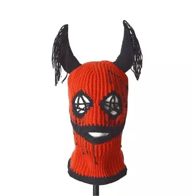 Custom Creepy Devil Horns Beanie Ski Mask 3 Holes Balaclava Halloween Goth Hat • $120.75