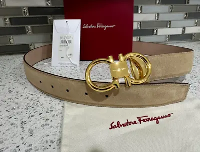 Authentic Tan/Beige Suede Salvatore Ferragamo Belt Gold Double Gancini Buckle • $180