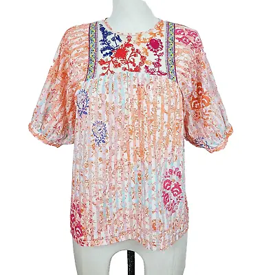 Vineet Bahl Anthropologie Top XS Orange Embroidered Puff Sleeve Boho Blouse • $27.99