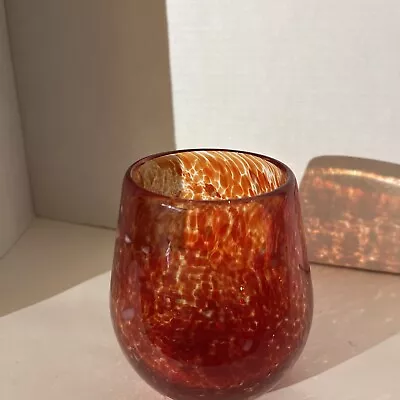 Hand Blown Art Glass Vase Ruby Red With White Specks In Cased Votive • $19.99