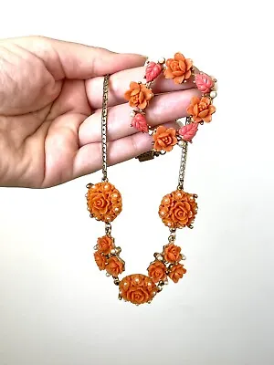 Vintage Carved Coral Celluloid Roses Faux Mini Pearls Necklace & Brooch Set • $37