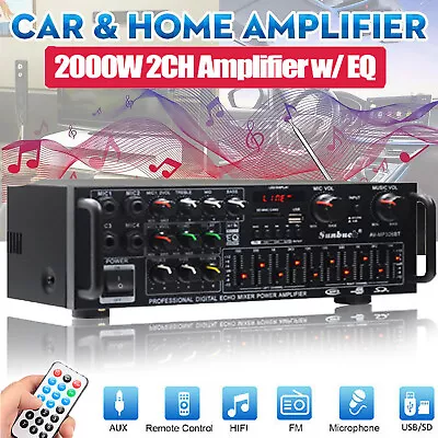 2000W Bluetooth Power Amplifier Stereo Receiver Hifi Amp USB Reade 2CH W/ Remote • £39.80